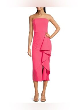 Belle Badgley Mischka Sz 4 Ximena Hot Pink Strapless Ruffle Crepe Midi Dress NWT